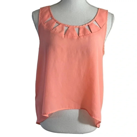 BCBGeneration Peach Blouse Small Sheer Hi Low Cutout Neckline Flowy Sleeveless - Picture 1 of 8